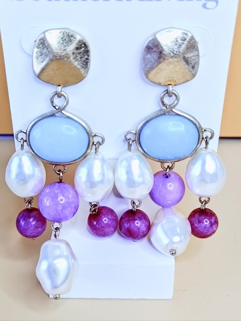 Pearl & Bead Drop Earrings in Lavender, Purple, and White